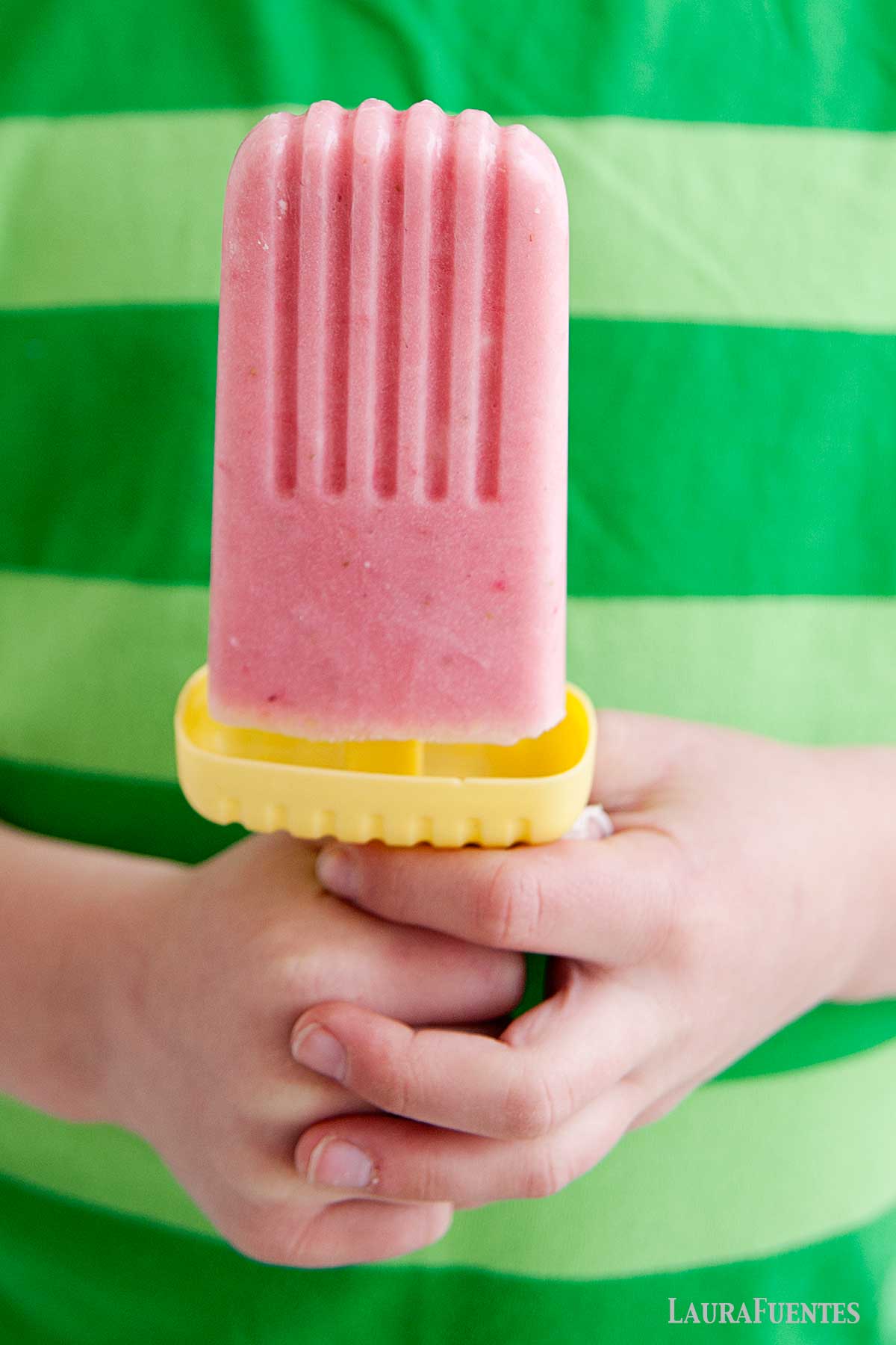 un niño sosteniendo una paleta de frutas