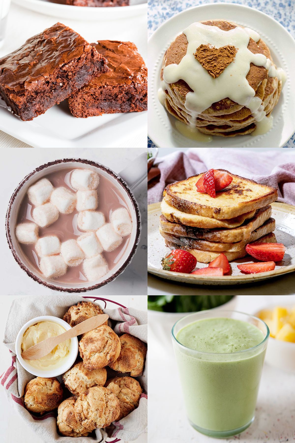 arriba: brownies y pancakes de canela. en el centro: una taza de chocolate caliente y un plato con french toasts. Abajo: una canasta con muffins y un vaso de batido verde