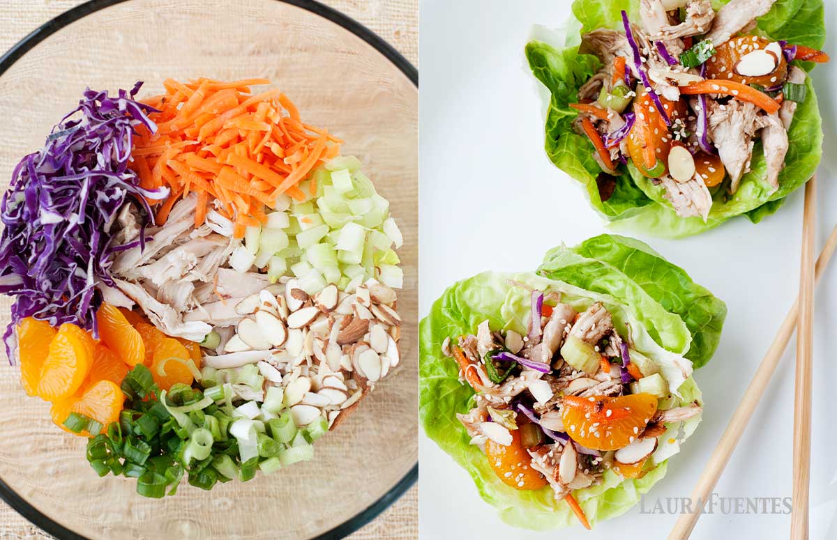 a la izquierda, vista superior de un bol con pollo y verduras. A la derecha, vista superior de dos tazos de lechuga con ensalada asiática