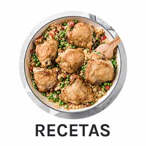 skillet of chicken and rice. text reads "recetas"