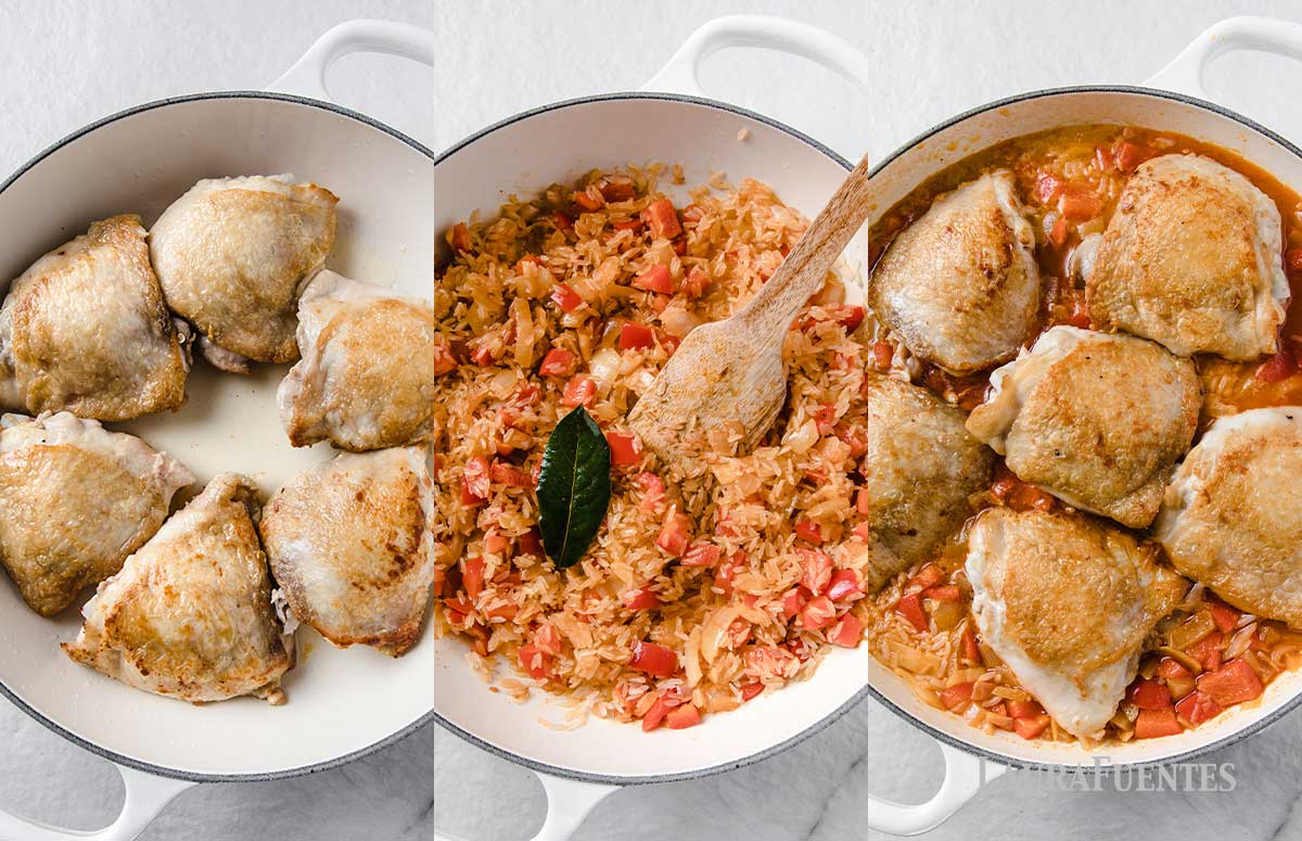 tres imágenes de los pasos para hacer arroz con pollo; de izquierda a derecha: una sartén con contramuslos de pollo, una sartén con arroz y verduras, y una sartén con arroz y pollo