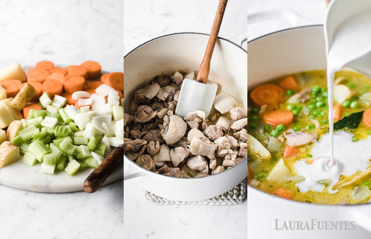 a la izquierda: apio, cebolla y zanahoria picados. En el centro: pollo en trozos en una olla. A la derecha: nata siendo vertida dentro de una olla de guiso de pollo.