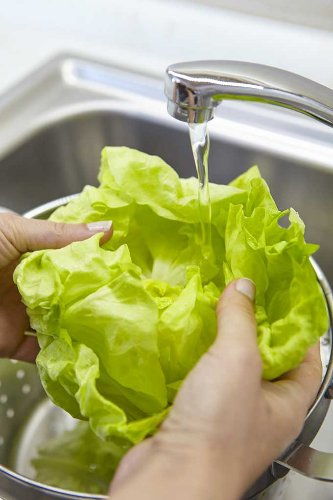 lechuga verde bajo el grifo de agua