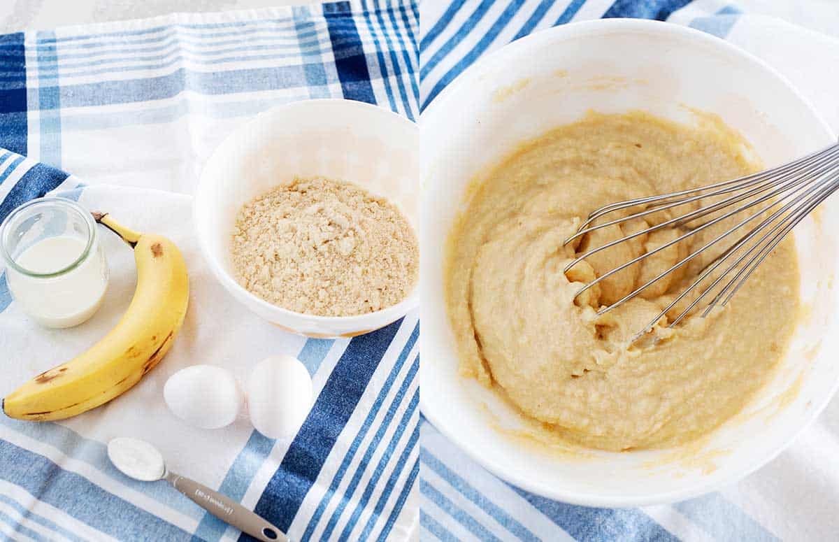 ingredientes para panqueques de harina de almendras y masa de panqueques en un recipiente