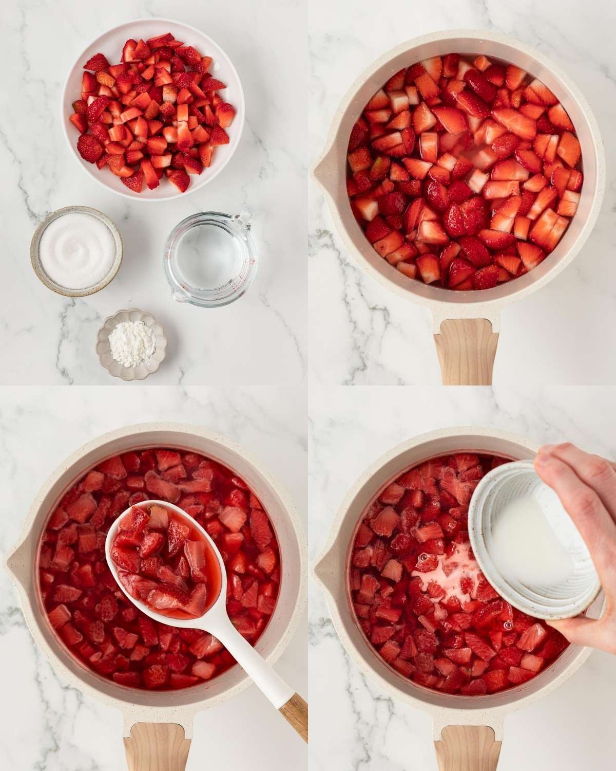 arriba a la izquierda: ingredientes para hacer sirope de fresa en bowls; arriba derecha: fresas con agua en una olla, abajo izquierda: una cuchara mostrando la textura de la mezcla; abajo derecha: mezcla de maicena y agua siendo vertida en la olla con fresas.