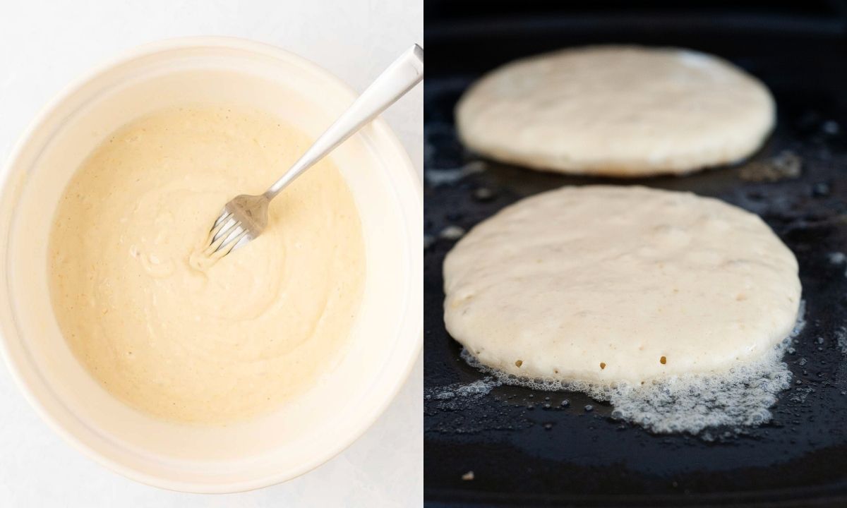 izquierda: un bol con masa de tortitas; derecha: dos tortitas cocinándose en una sartén