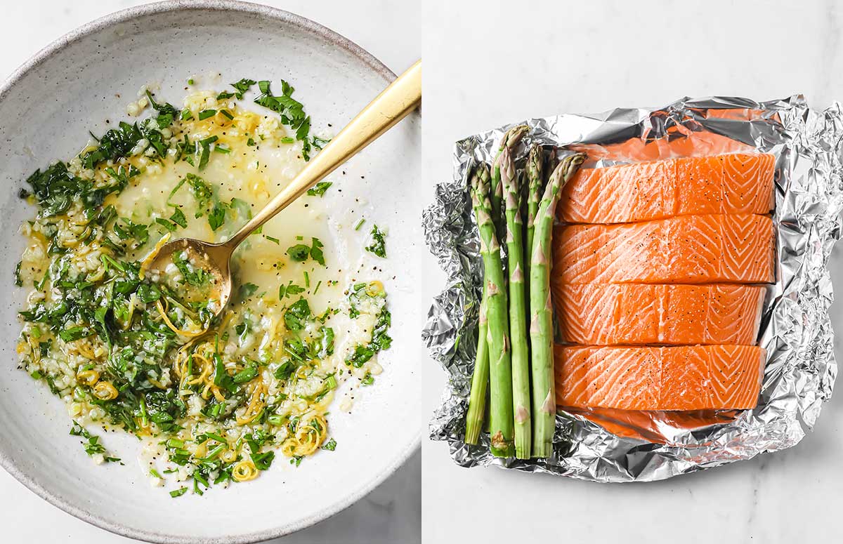 A la izquierda, un bol con aceite, limón y especias. A la derecha, salmón y espárragos crudos sobre papel aluminio.