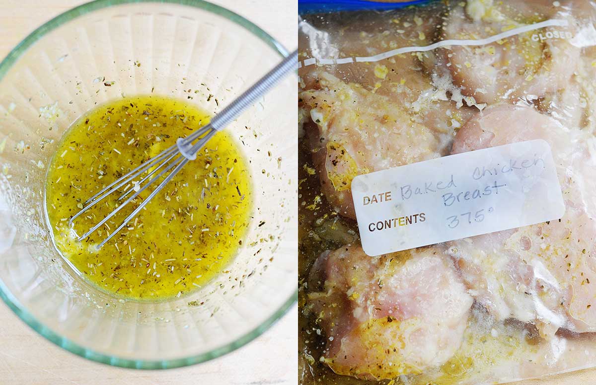 marinada para pollo en un bol a la izquierda y pechugas de pollo en una bolsa zip a la derecha