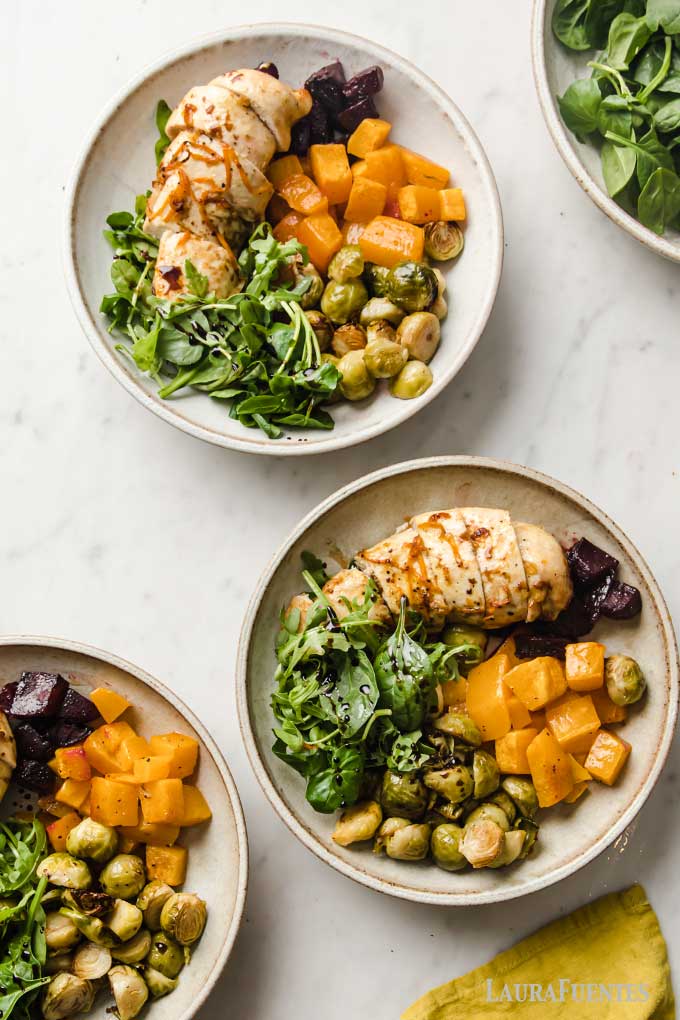 Tres platos de Verduras al Horno con Pollo