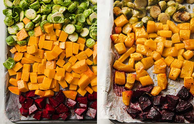 A la izquierda, una bandeja con remolacha, calabaza y coles de Bruselas en cubos y crudas. A la derecha, una bandeja con remolacha, calabaza y coles de Bruselas en cubos cocidas