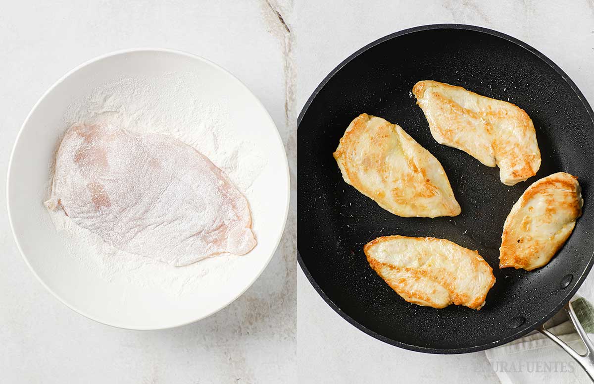 a la izquierda, un plato con una pechuga de pollo enharinada. A la derecha, una sartén con cuatro pechugas selladas.