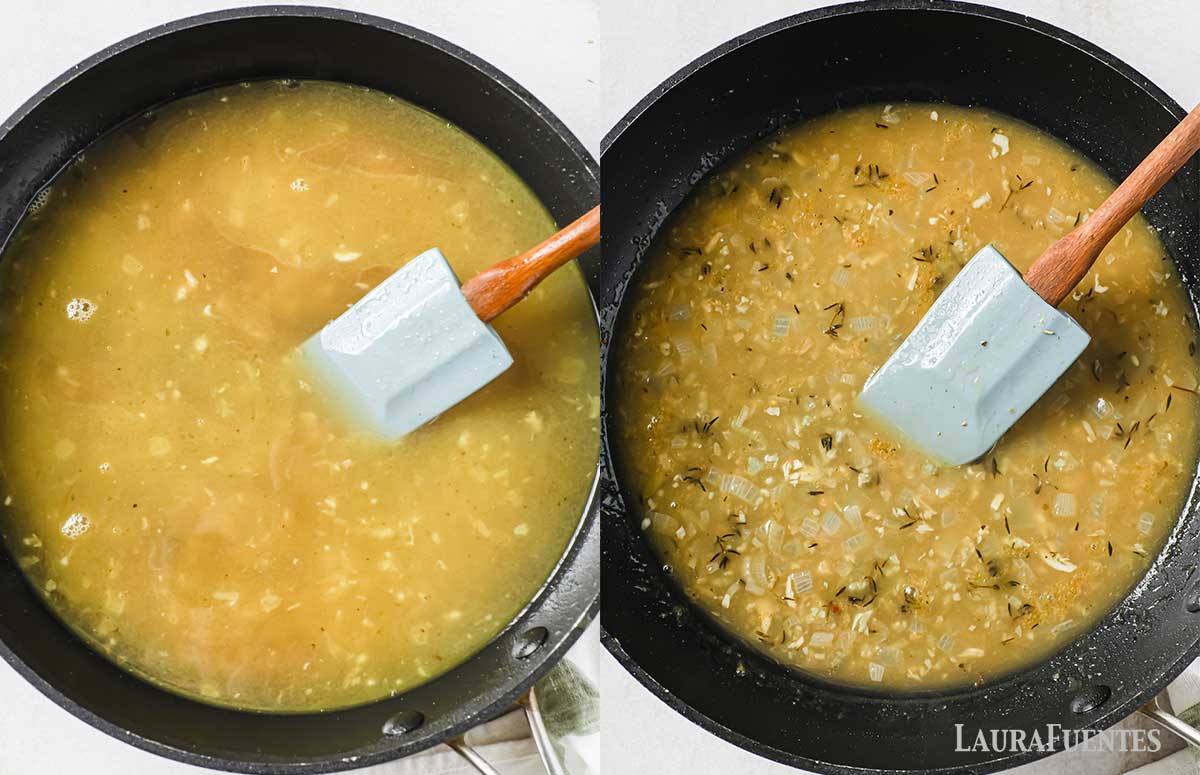 a la izquierda, una sartén con salsa. A la izquierda, la misma sartén con la salsa reducida.