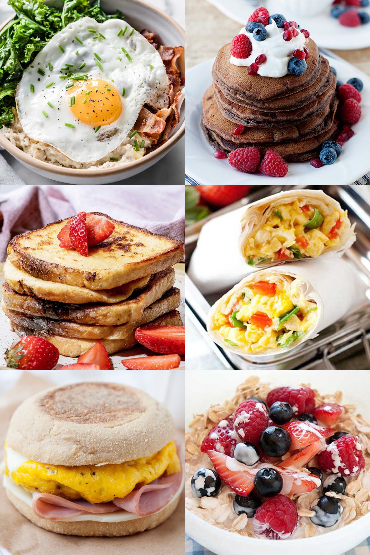 collage con 6 desayunos proteicos: avena con huevo frito, pancakes de chocolate, french toast, burritos, mcmuffin y avena con frutas.
