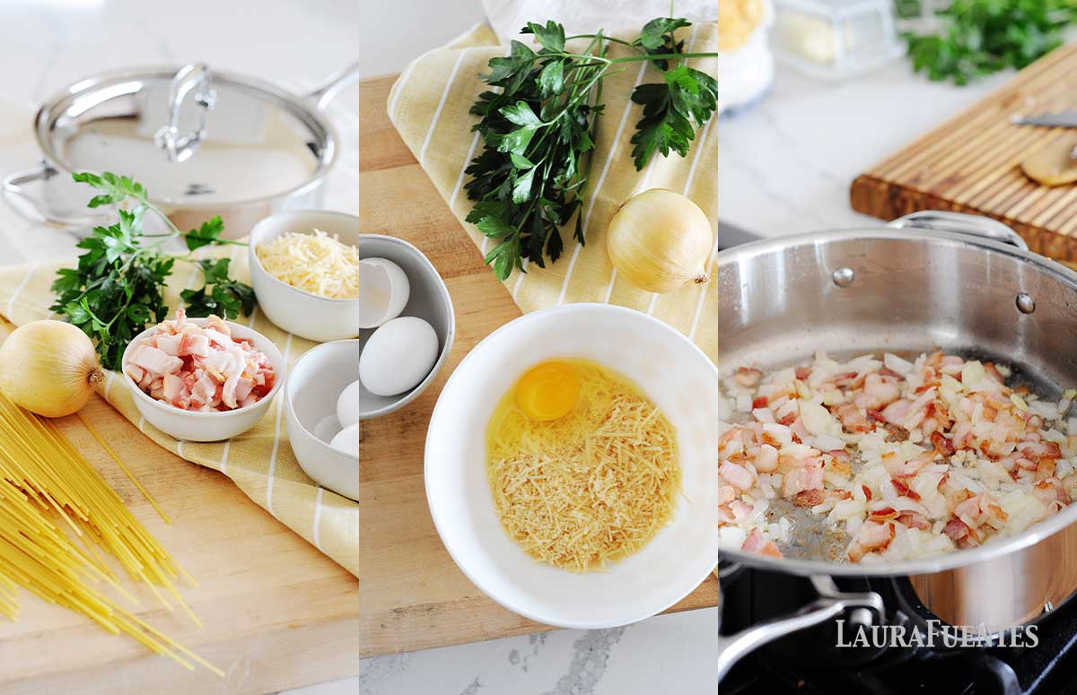 a la izquierda: espaguetis, cebolla, peregil, bacon, queso, huevos y una sartén. Al cento: perejil, cebolla y  huevos mezclados con queso rallado. A la derecha: una sartén con bacon y cebolla.