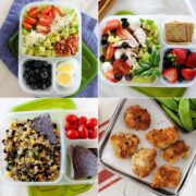 collage con 4 fotos de comidas saludables en tupper