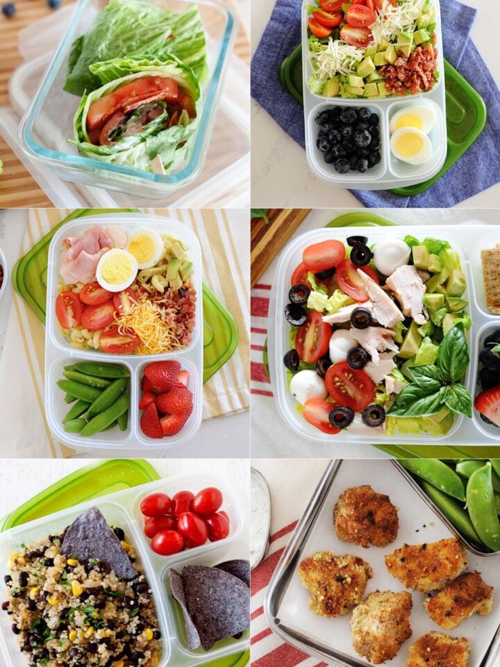 collage con 6 fotos de almuerzos saludables en tupper para llevar al trabajo