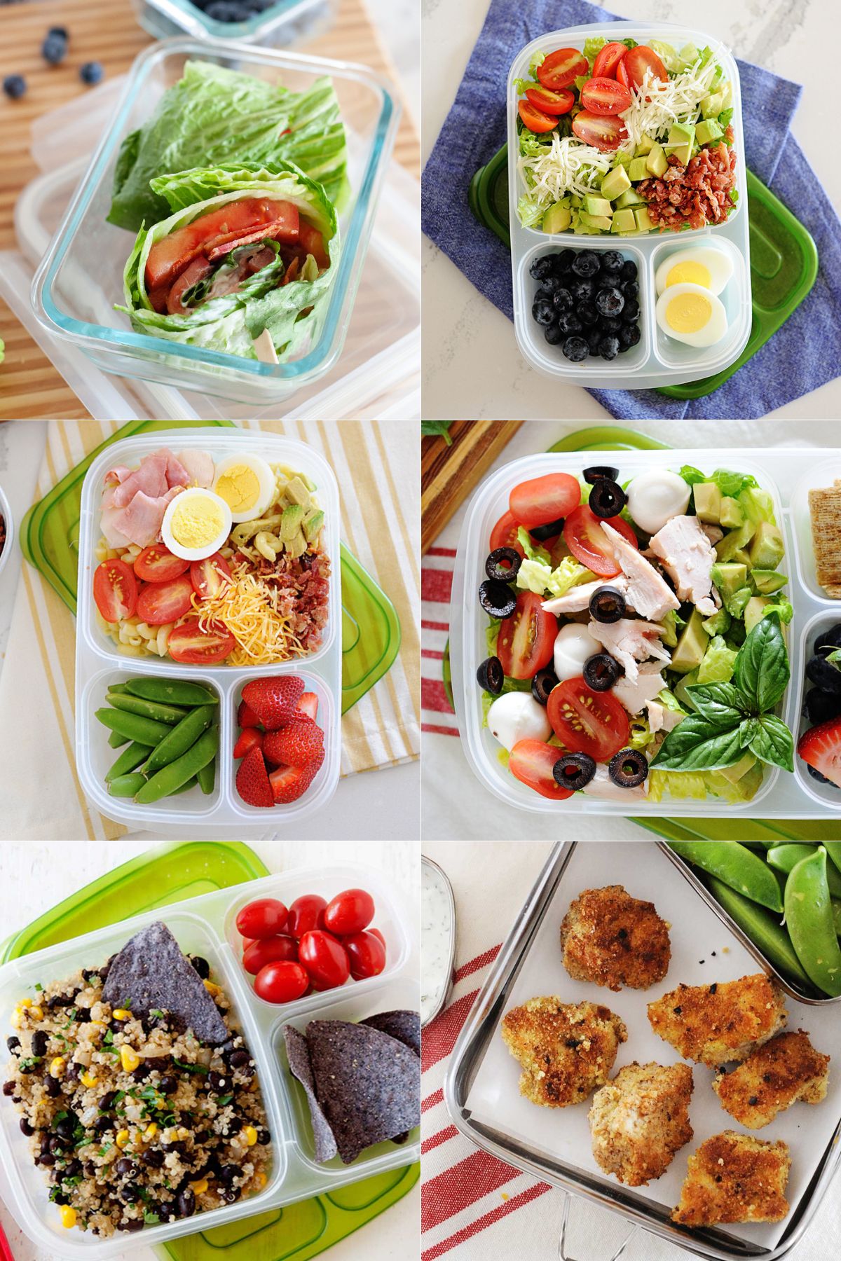 collage con 6 fotos de almuerzos saludables en tupper para llevar al trabajo