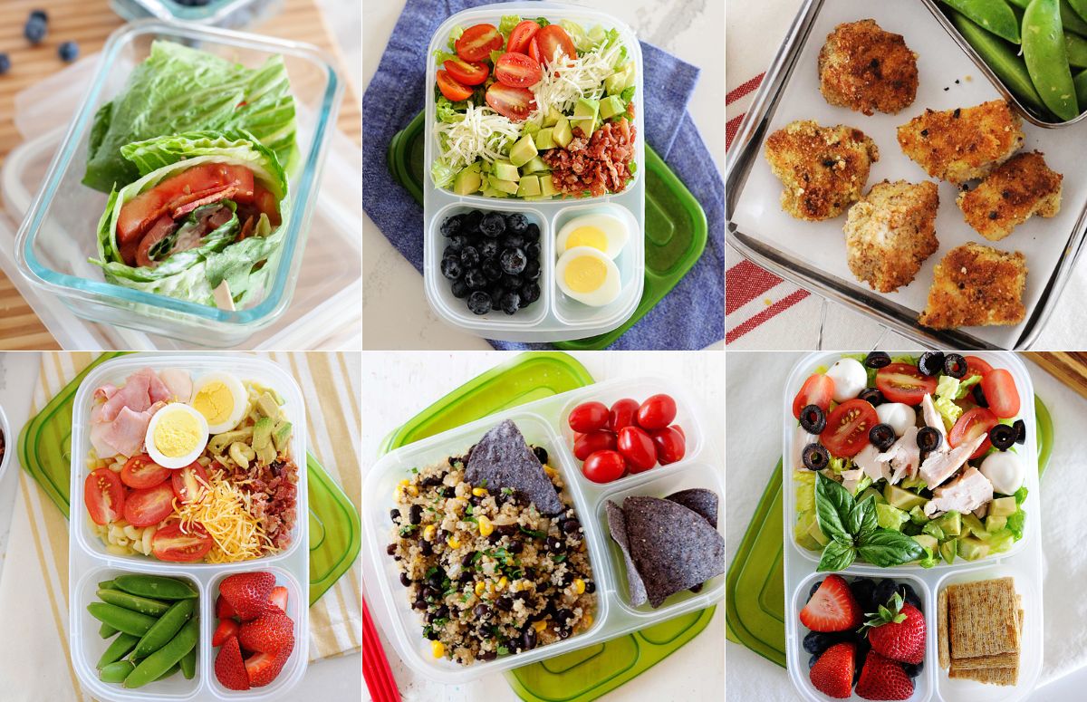 collage con 6 fotos de almuerzos saludables en tupper para llevar al trabajo