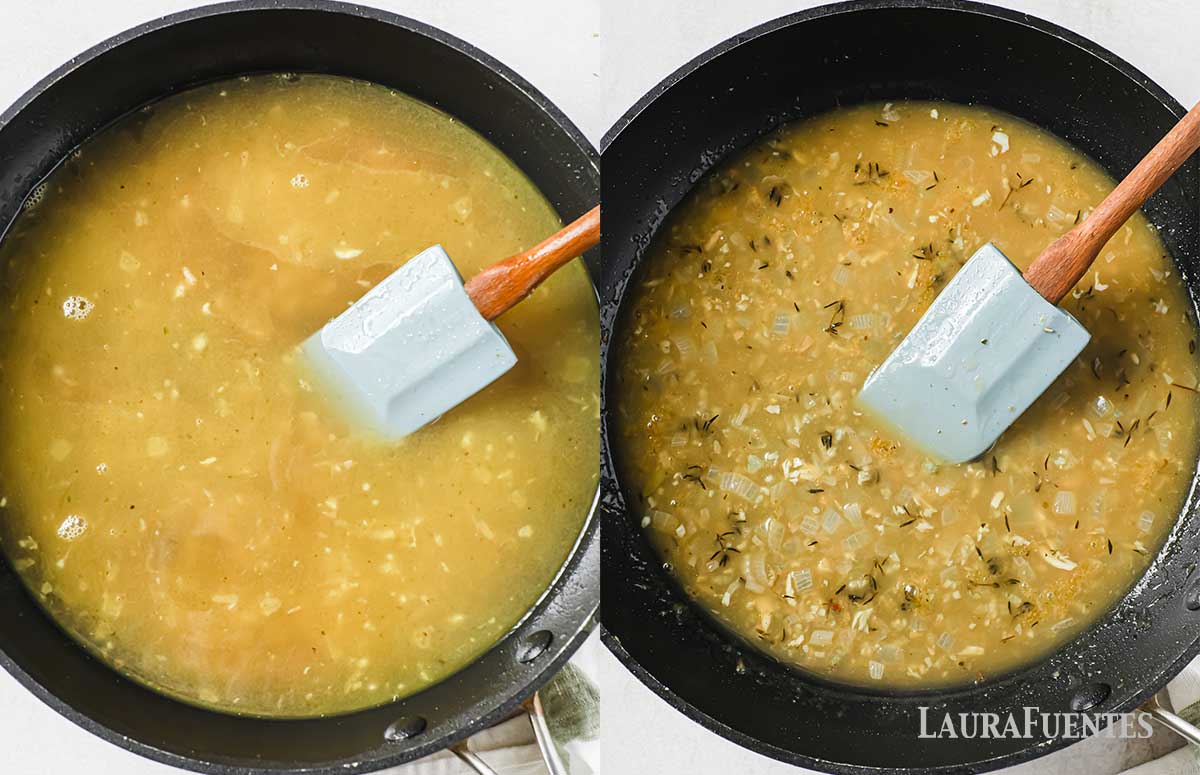 a la izquierda: una sartén en la que se está cocinando la salsa. A la derecha: la salsa de vino blanco lista.