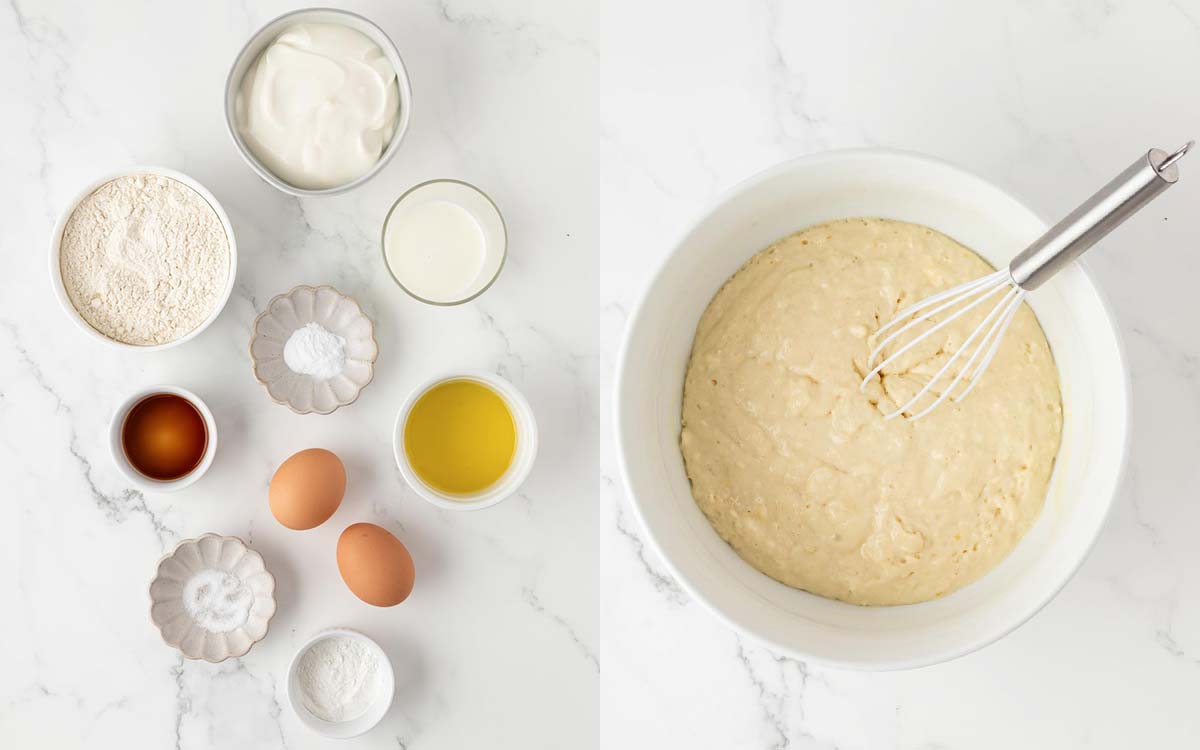 izquierda: ingredientes para hacer tortitas de yogur; derecha: la masa en un bol