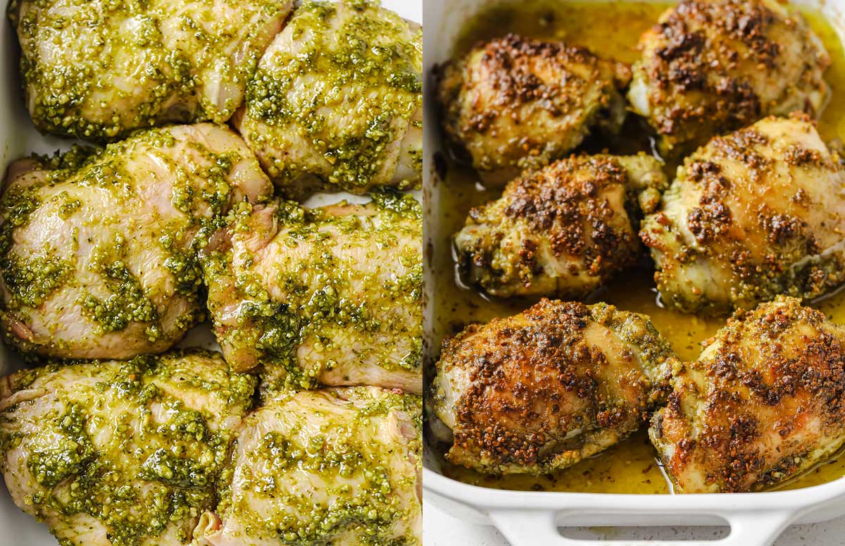 a la izquierda, seis muslos de pollo crudos cubiertos con pesto. A la derecha, seis muslos de pollo cocidos en una fuente.