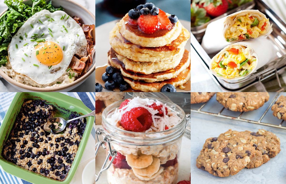 collage con seis fotos de desayunos. Arriba de izquierda a derecha: avena con huevo frito, tortitas y burritos. Abajo de izquierda a derecha: avena horneada, un frasco de avena con fruta y galletas