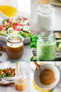 collage con 6 fotos de aliños caseros en frascos o bols