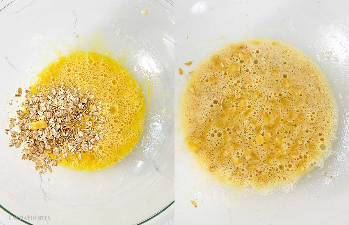 un bol con huevos y avena; a lado, ambos mezclados