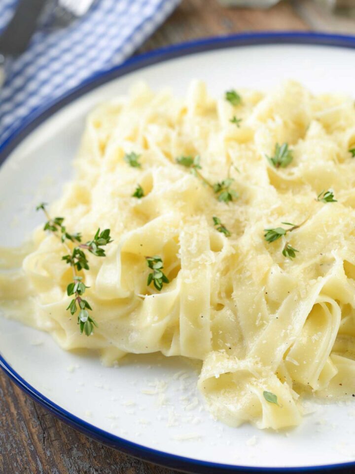 un plato de pasta con salsa con queso cottage