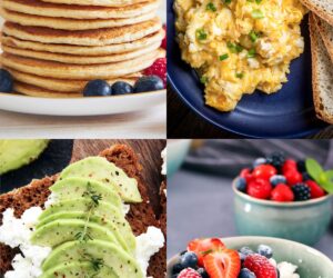 collage con desayunos con queso cottage: tortitas, huevos revueltos, tostada con aguacate y bol con frutas