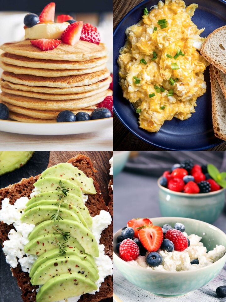 collage con desayunos con queso cottage: tortitas, huevos revueltos, tostada con aguacate y bol con frutas