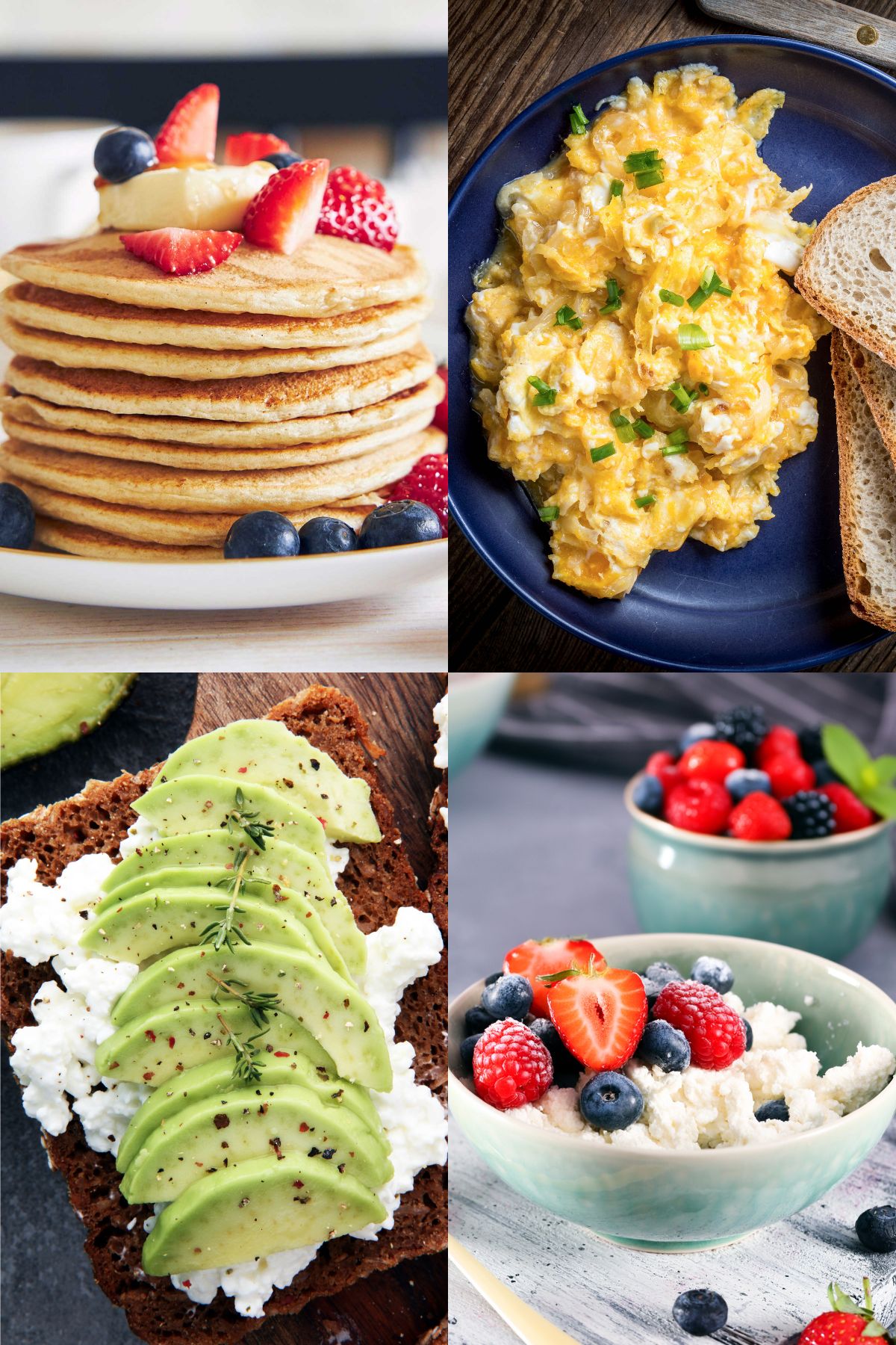collage con desayunos con queso cottage: tortitas, huevos revueltos, tostada con aguacate y bol con frutas