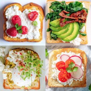 cuatro fotos de tostadas con queso cottage y toppings dulces y salados