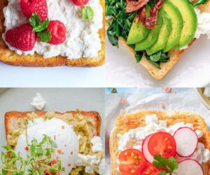 cuatro fotos de tostadas con queso cottage y toppings dulces y salados
