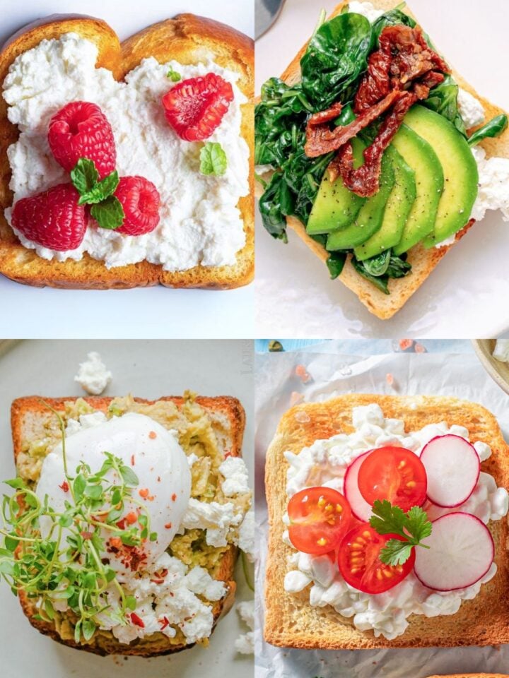 cuatro fotos de tostadas con queso cottage y toppings dulces y salados