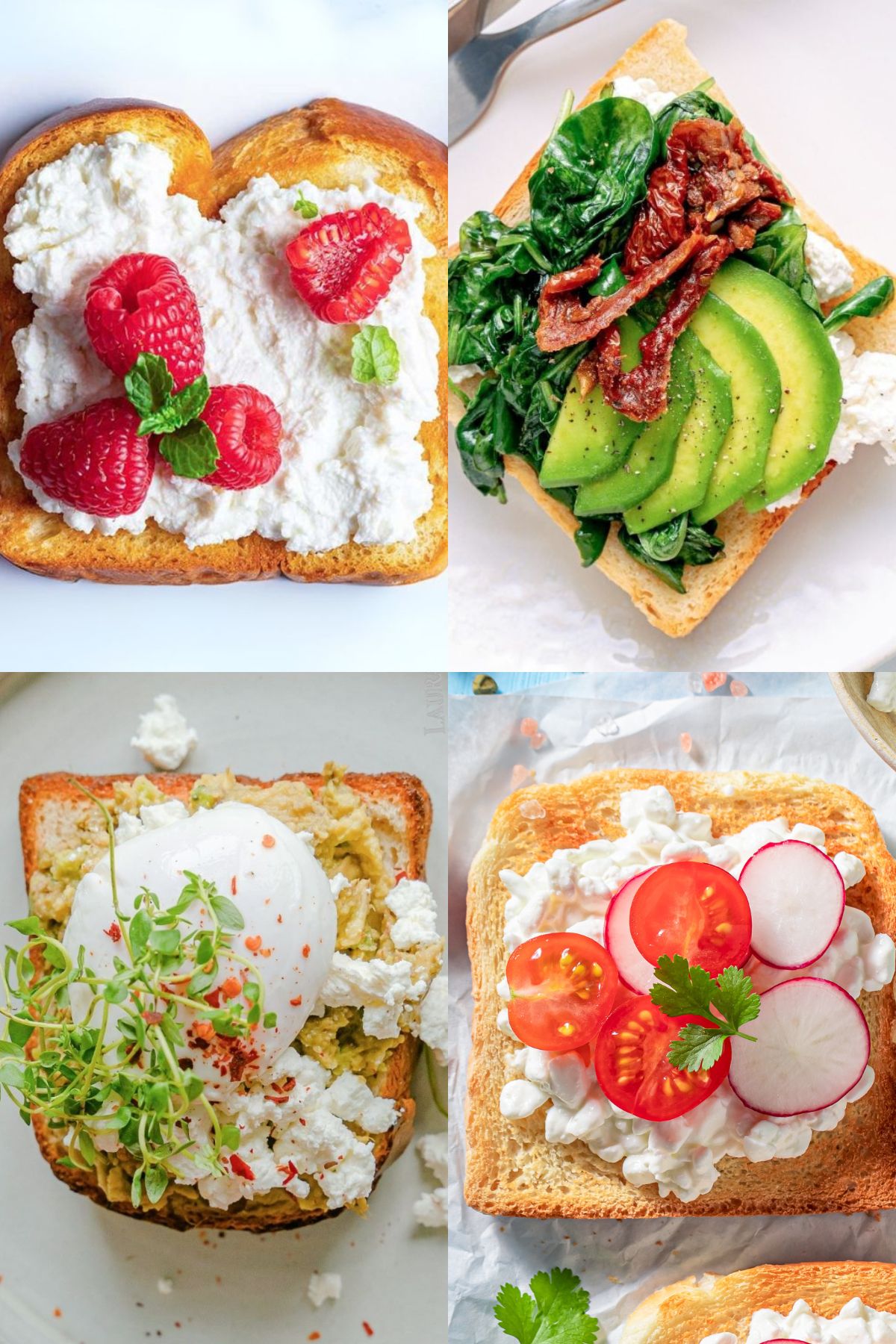 cuatro fotos de tostadas con queso cottage y toppings dulces y salados