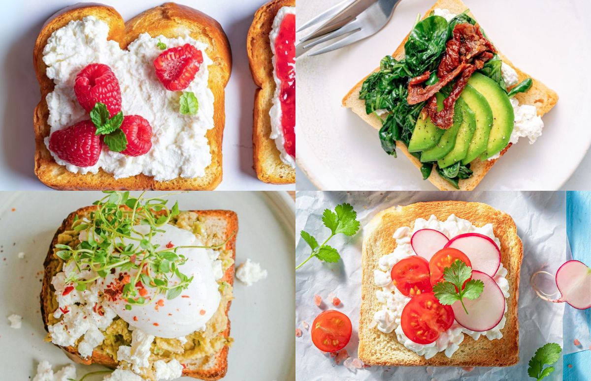 collage con 4 tostadas con queso cottage y diferentes toppings